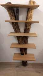 Aus einem alten Robinenstamm wurde ein kleines Bücherregal gefertigt, der Robinienstamm wurde mittig aufgetrennt und ähnlich wie ein Y wieder zusammengefügt, die beiden Y Stränge werden durch Regalbretter verbunden. Die Regalböden sind aus unterschiedlichen Holzarten